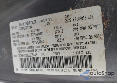 2005 Dodge Dakota Slt из США, поврежденный, VIN 1D7HE42N95S235440